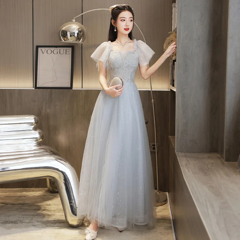 

2025 New Women's Summer Mesh Glitter Fairy Style Evening Dress Fashionable Slimming Banquet Host Long Performance Dress
