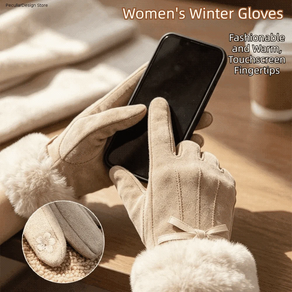 Casual Warm Suede Gloves Faux Fur Cold-proof Winter Women Gloves Thicken Windproof Full Finger Mittens Daily Use