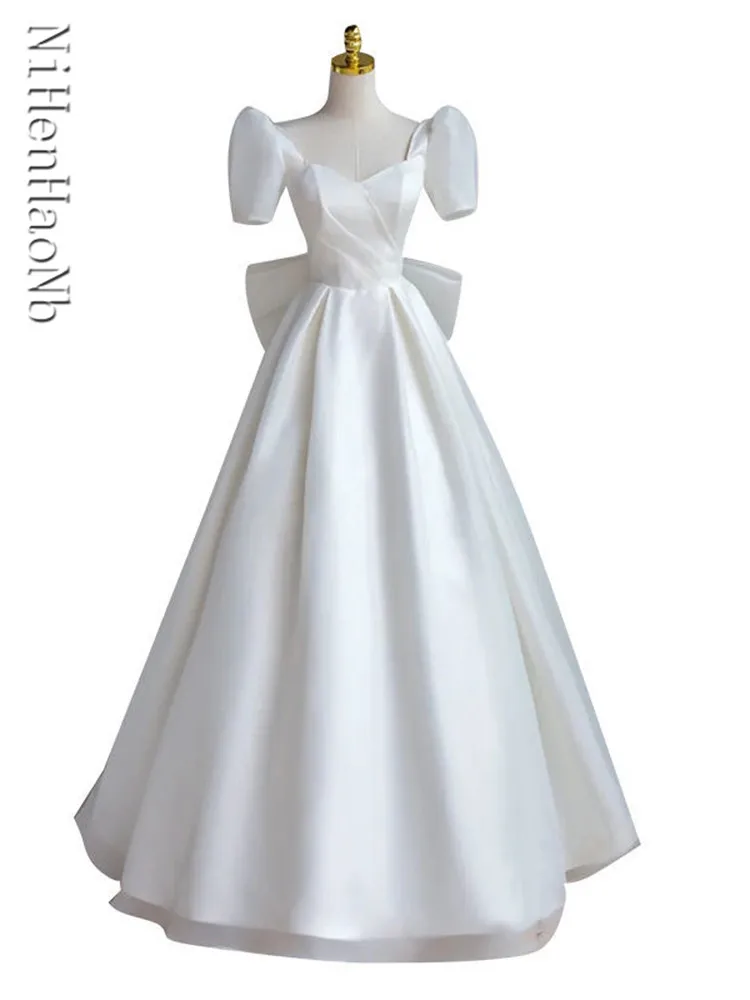 Robe de mariée Maxi blanche de luxe français pour la mariée, manches bouffantes minces, longue robe de soirée de Rh, élégante et sexy, 2023