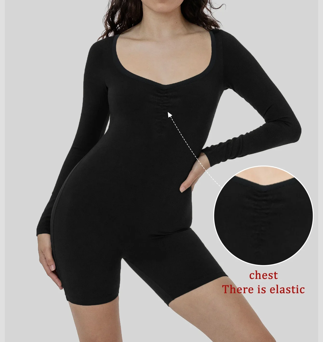 Women Long Sleeve Round Neck Bodysuit Slim Fit Stretchy Short Jumpsuit for Workout Gym Fitness Daily Wear for Spring and Summer