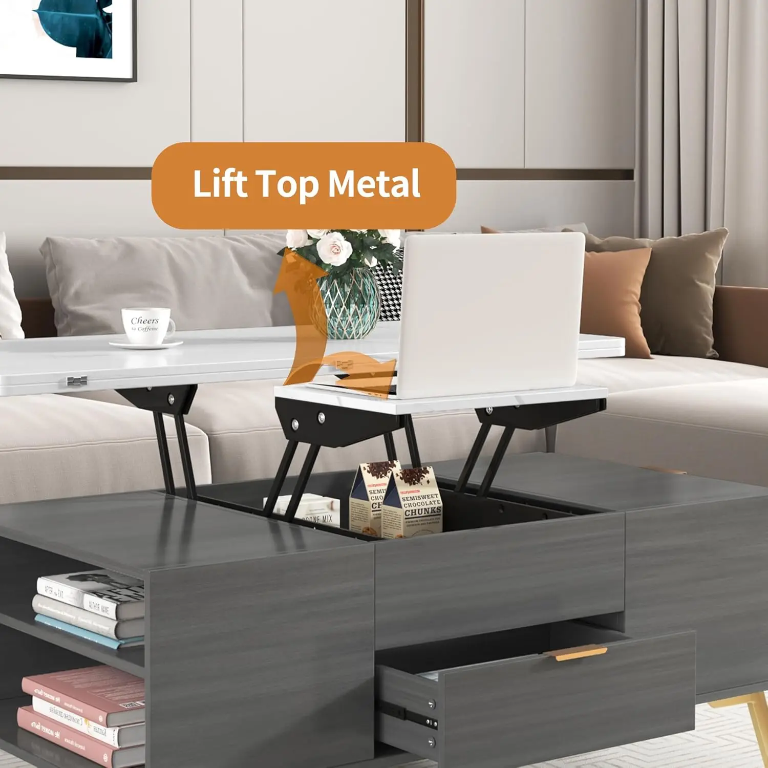 Modern Lift Top Coffee Multi Functional Table with Drawers, 47.24'', White+Gray