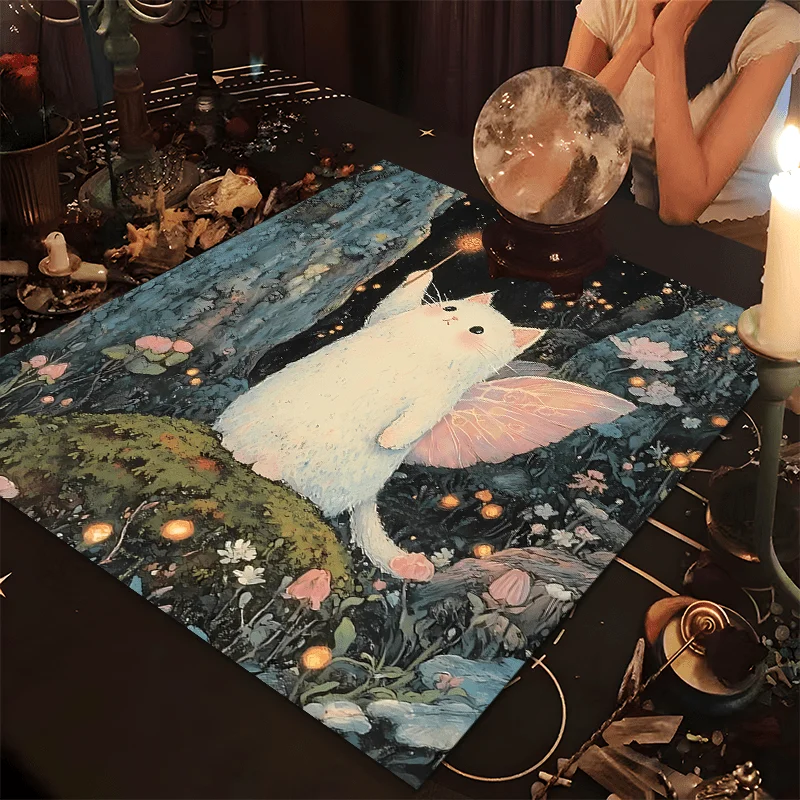 50/75/110/137cm Tarot mat 1PC Magic Elf Tarot Tablecloth Pink Winged White Cat Wand Bedroom Childrens Room Fantasy Decor
