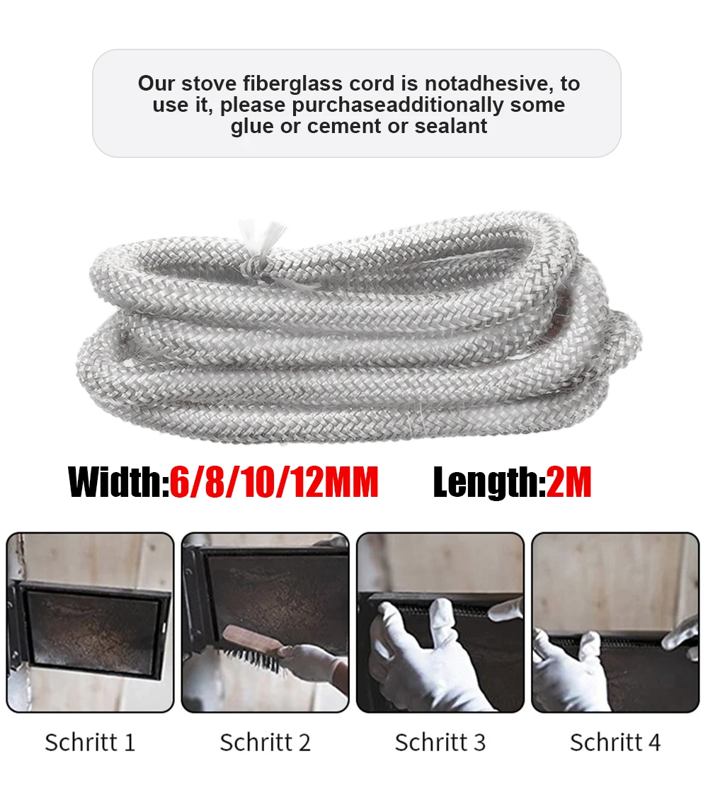 6/8/10/12mm 2M Fireplace Sealing Rope Gasket Cord Wood Burning Stove Door Fiberglass High Temperature Sealing Rope Replacement