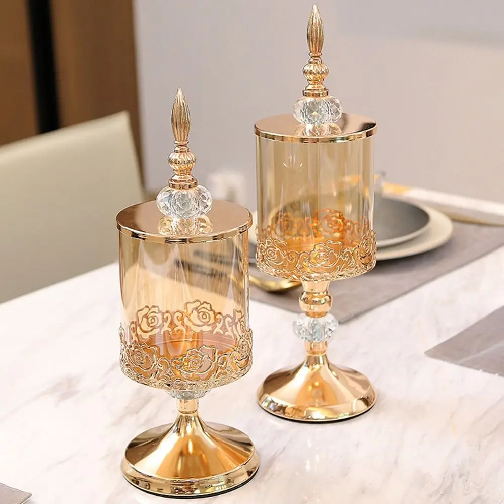 

Позолоченная банка для конфет в европейском стиле, декоративная с крышкой, банка для хранения хрустального стекла, винтажная банка для конфет на высоких ножках для вечеринки