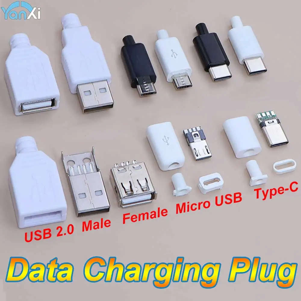 5-20Sets Type C / Micro USB / USB 2.0 Male Female Connector DIY Soldering Adapter Cable Data Line Interface Charging Plug Socket