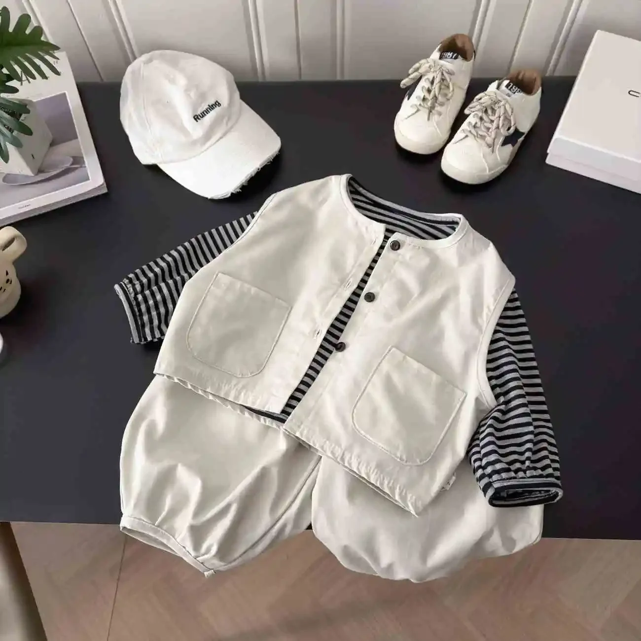 

Children's Set Spring and Autumn New Boys' Striped Bottom Shirt+workwear Vest+Casual Pants Three piece Set 80-150CM