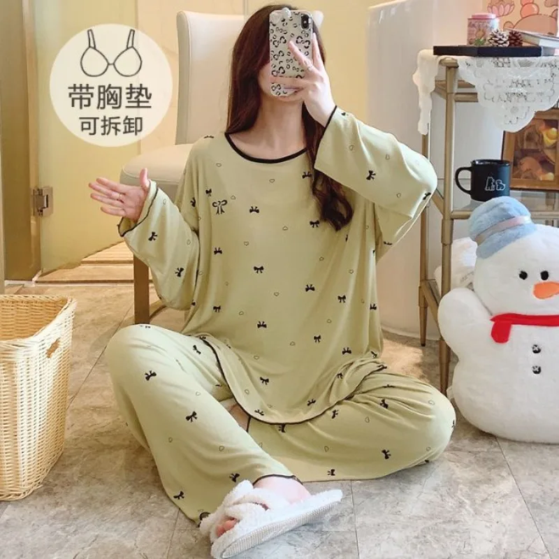 M-5XL حجم كبير 2 قطعة/المجموعة النساء منامة مع منصات الصدر ربيع الخريف طويلة الأكمام فضفاضة Homesuit ملابس خاصة يمكن ارتداؤها في الخارج