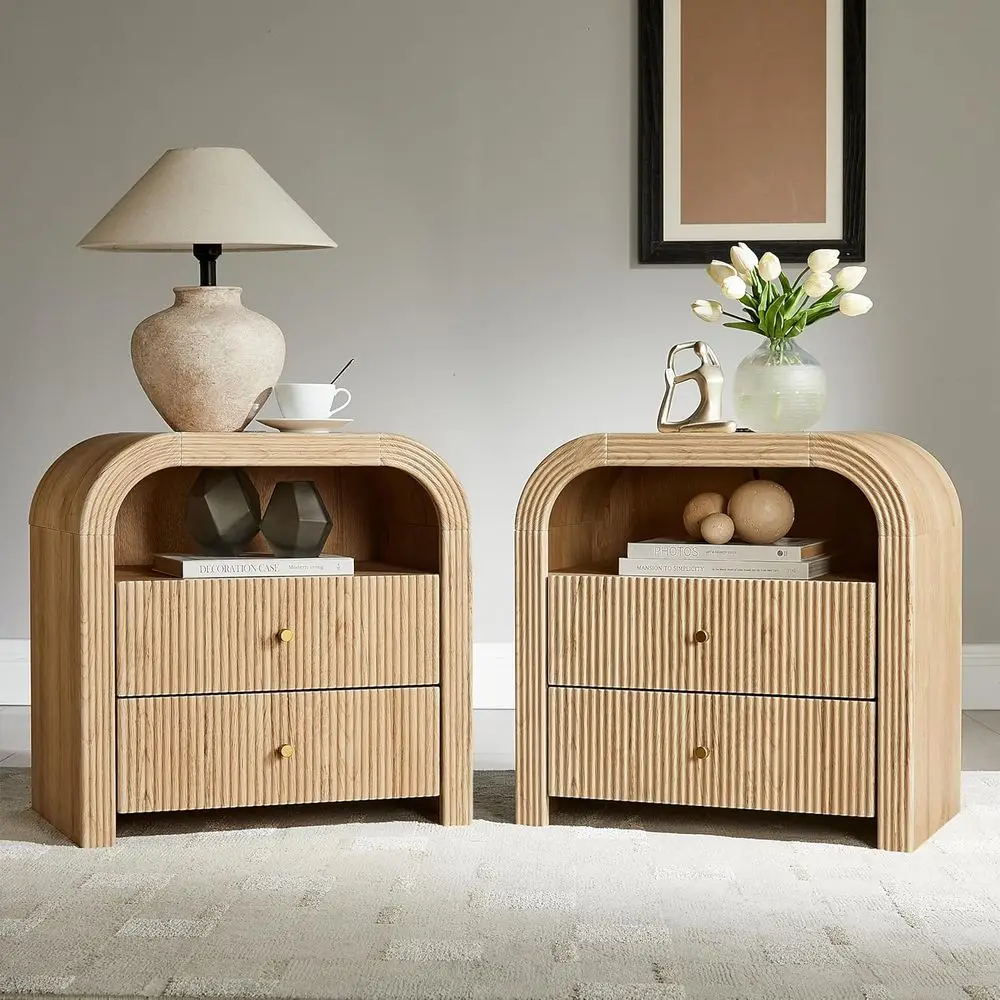 

24 Double Nightstand Set, Large Bedside Tables with Charging, Storage, Ideal for Bedroom or Living Room, Natural Oak Finish, Cur