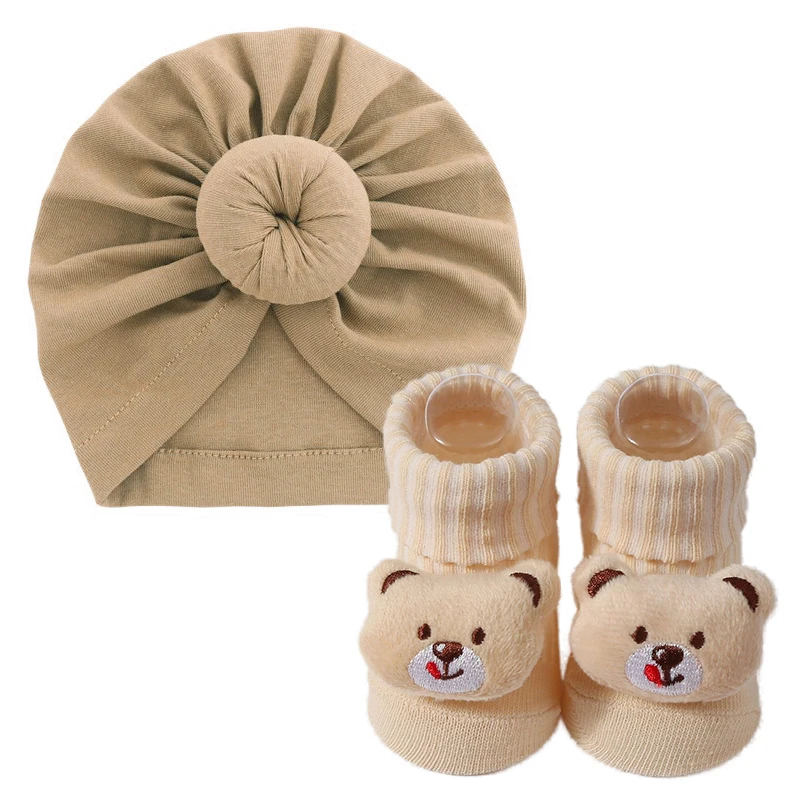 

2Pcs Baby Hat Socks Set Cute Donut Infant Girls Boys Turban Cap Soft Newborn Infant Elastic Beanie Floor Tube Socks