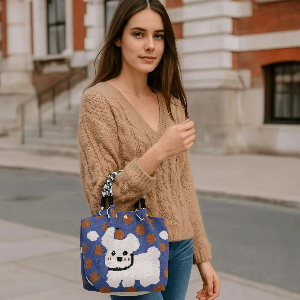 กระเป๋าถักมือดีไซน์ไม่ซ้ำใคร ลายสุนัข จุของได้เยอะ สะพายไหล่ หัวเข็มขัดแบบวงแหวน ลายจุดการ์ตูน กระเป๋าคล้องมือสำหรับผู้หญิง