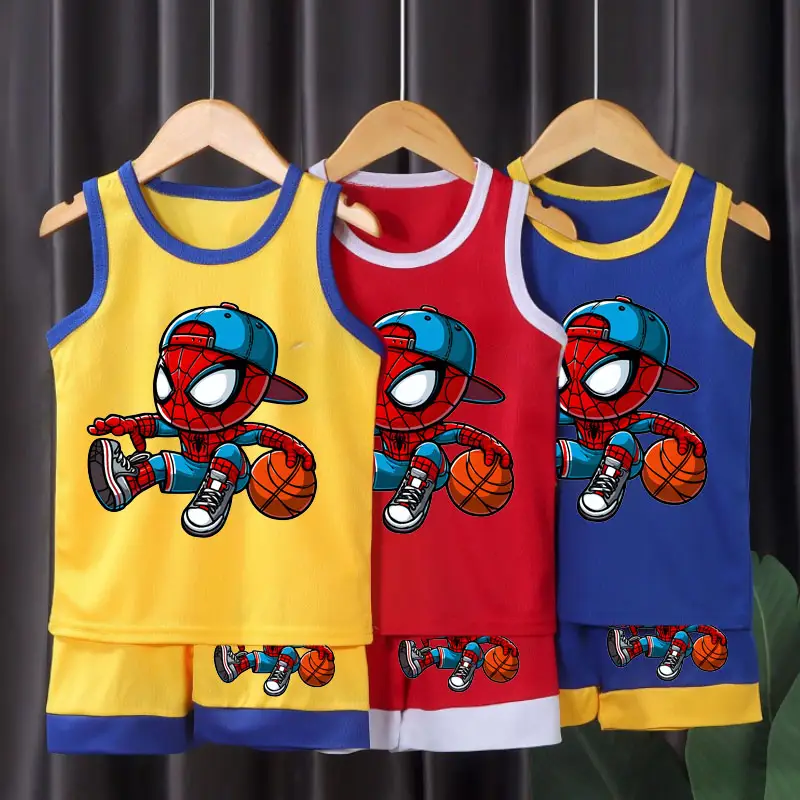 Conjuntos de roupas esportivas infantis de verão, malha respirável e confortável, roupas casuais para meninos, colete e shorts de basquete, 2 peças