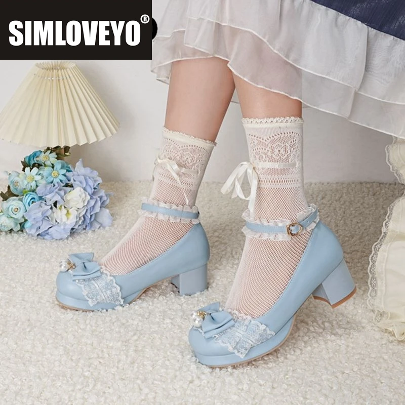 

SIMLOVEYO 2025 Новые туфли-лодочки в стиле Лолиты для девочек 28 29 с круглым носком на массивном каблуке и платформе с бантом и бусинами с пряжкой и ремешком, большой размер 47 48