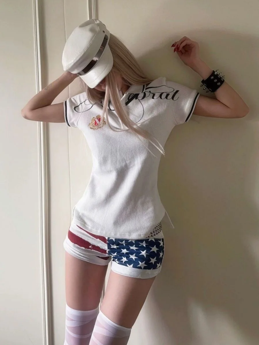 Women Ribbed Polo Short Sleeve T-Shirt American Streetwear Letter Print Chest Badge Slim Fitted Side Split Summer Casual Tee