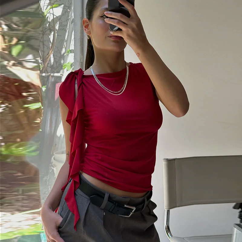 

Европейская и американская женская мода весна и лето, новая однотонная футболка без рукавов с рюшами и кисточками