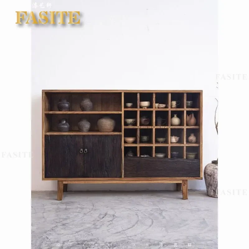 For Wabi Sand Wind Bogu Frame Old Elm Pavilion Shelf Solid Wood Storage Side Cabinet Homestay Tea Room Teacup Display