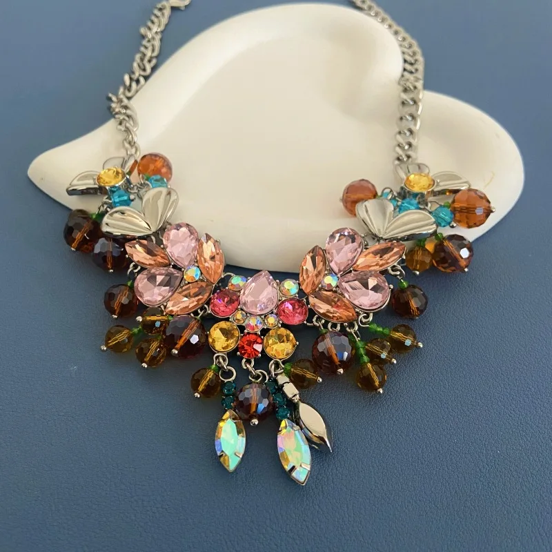 Vintage Fashion Flower Crystal Gemstone Colorful Palace Style Necklace Bracelet Jewelry Set For Women