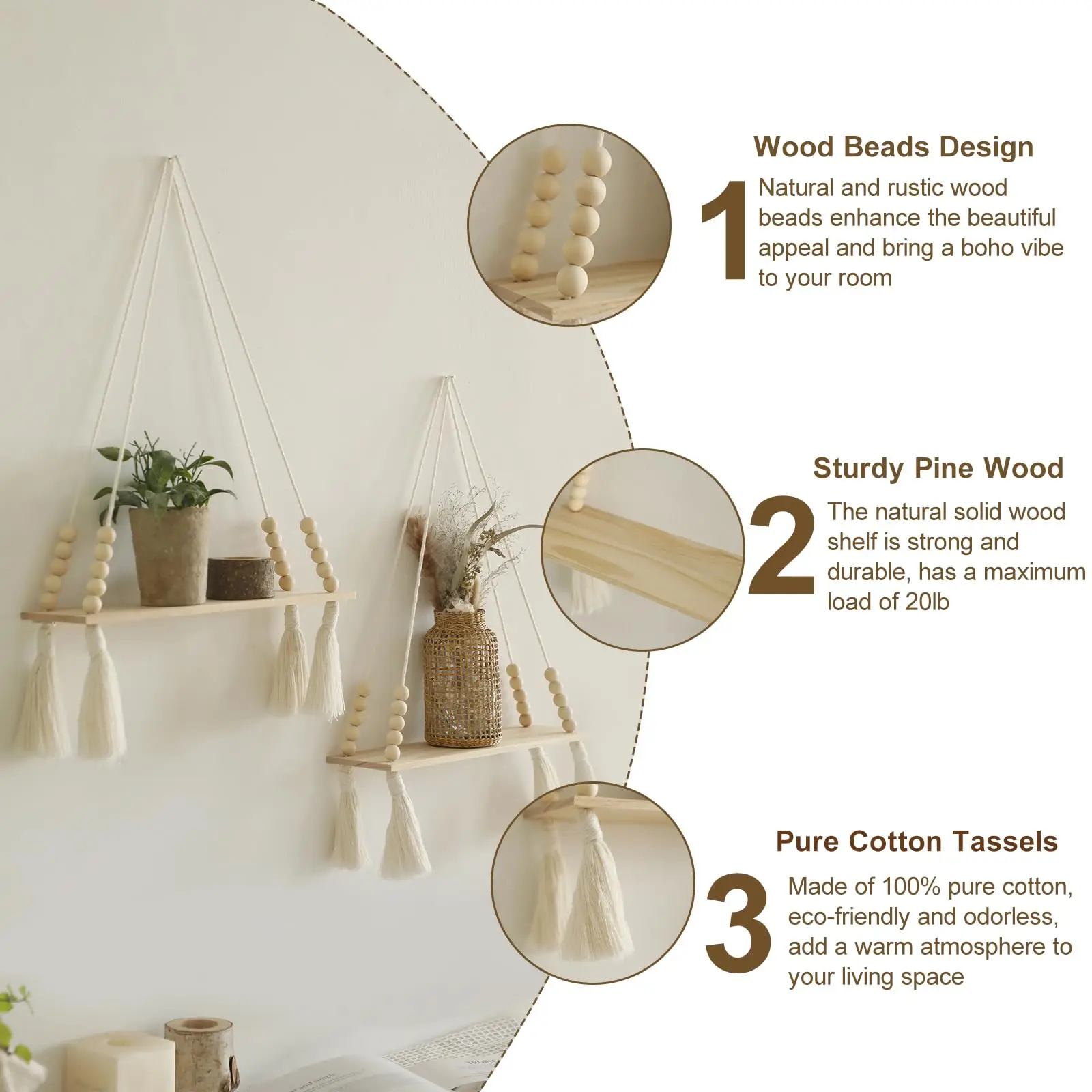 Makramee-Wandregal zum Aufhängen, schwebendes Wandregal, Boho-Heimdekoration, Regale, Wand, Holzdekoration für Schlafzimmer, Wohnzimmer, Kinderzimmer, Geschenk – Detail 2