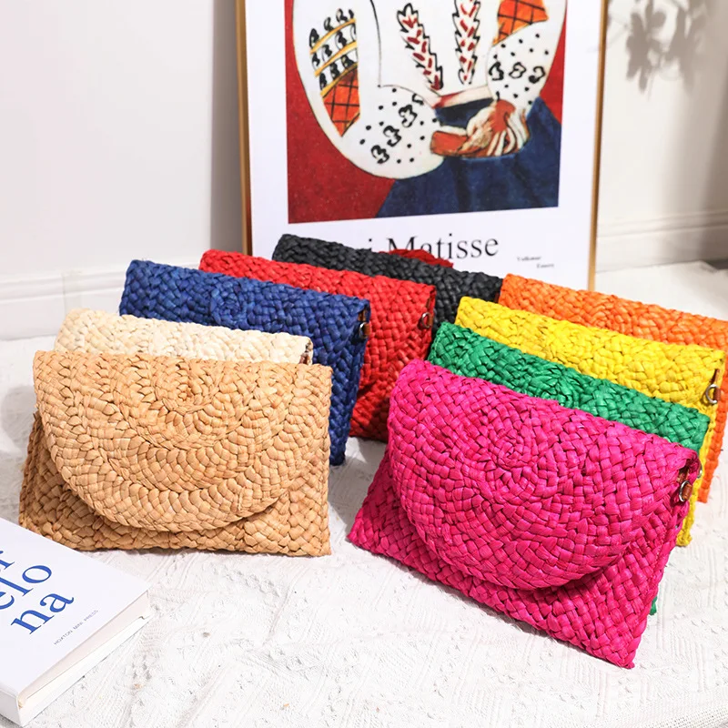 Straw Shoulder Bag Handmade Handbag Woven Rattan Purse for Women Envelope Wallet Casual Ladies Beach Wicker Clutch Messenger Bag