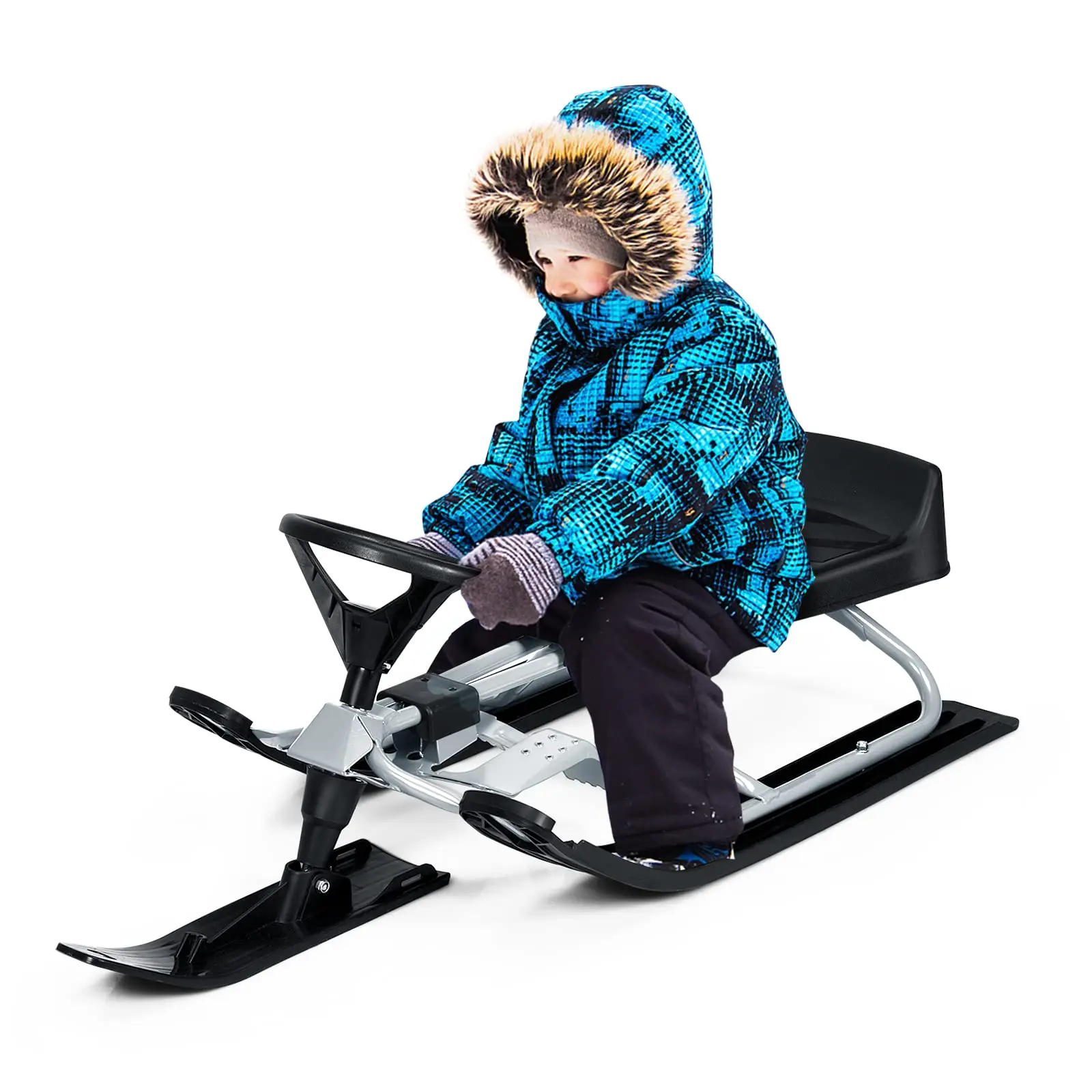 

Snowracer King Size GT Ski Sled with Brake and Steering Wheel for Children and Adults-Durable Plastic+Steel Grey/Black