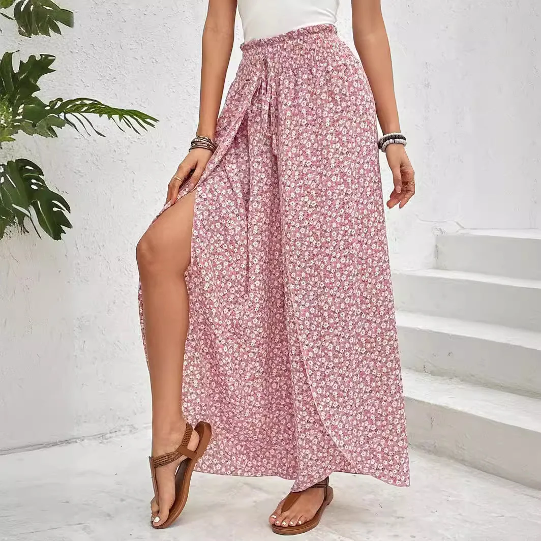 pantalones mujer damen mode Beach resort style versatile side slit wide leg culottes women summer floral print commuter trousers