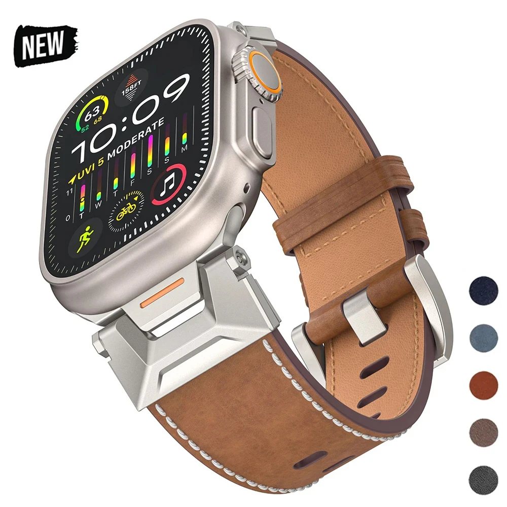 Titanium Color Connector+Leather Strap for Apple Watch Ultra 2 49mm 45mm 42mm 44mm Band for Iwatch Series 9 8 7 6 5 4 Se