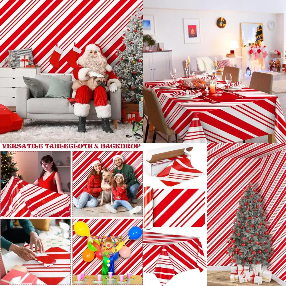 

Red and White Striped Christmas Candy Cane Tablecloth, 100ft x 54in, for Holiday Party Supplies and Home Decor