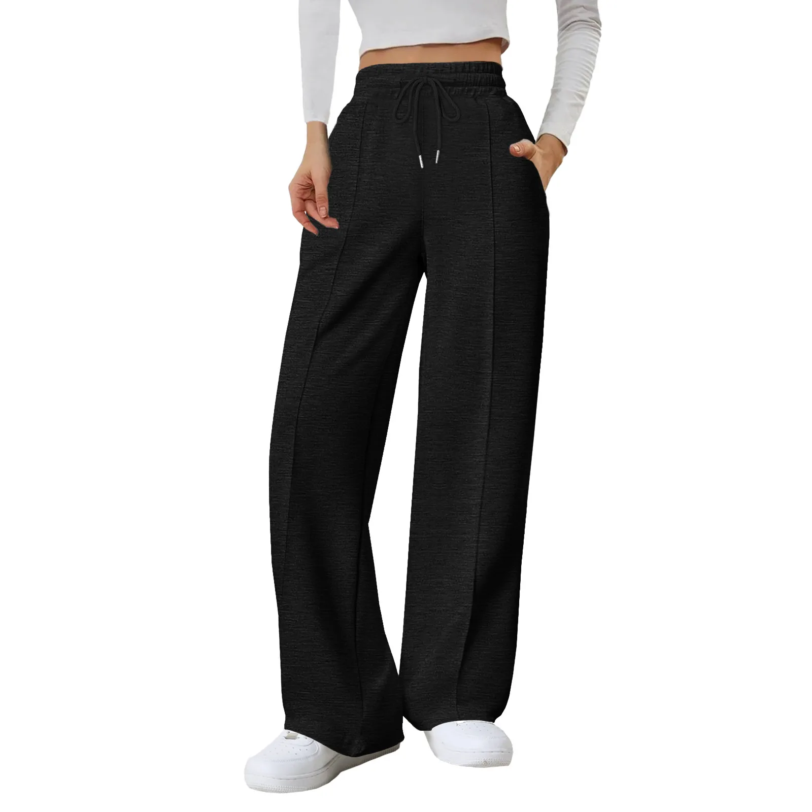 Women's Fashion Solid Color High Waist Wide Leg Casual Loose Pants Drawstring Straight Pockets Sweatpants 빅사이즈 여성 의류