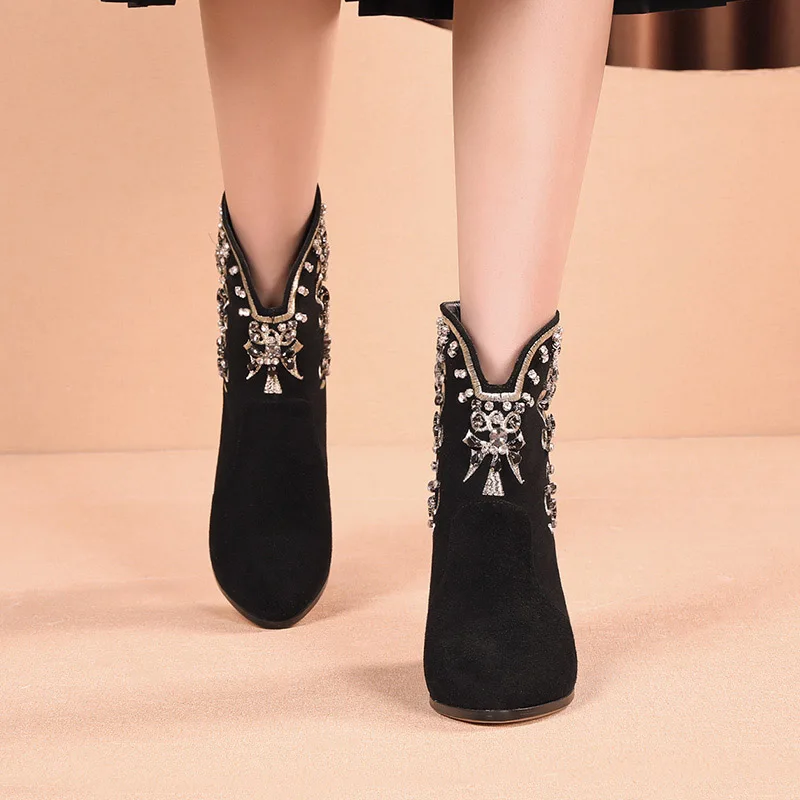 Phoentin Crystal Mid Heel Ankle boot Handmade Embroidery Ethnic Woman\'s winter Boot Kid Suede black shoes plus size 43 FT2006