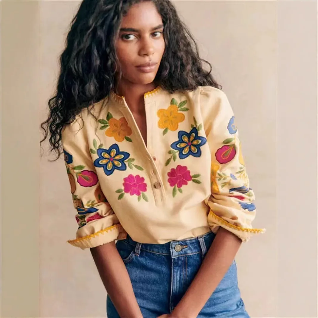 

Sezanes fashion shirt T-shirt 2025 new retro floral embroidery round neck cotton half open collar long sleeve shirt