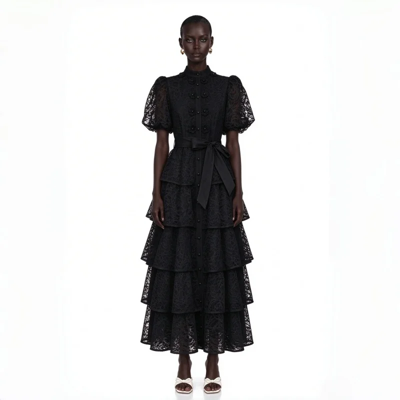 Vintage Puff Short Sleeve Lace Tiered Midi Dress Multi Layer Tulle Ruffle Formal Evening Dress Modest Arabic Style Party Dress