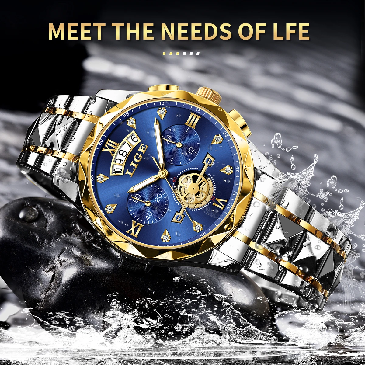 LIGE Top Brand Mens Watches Classic Flywheel Dial Luxury Wrist Watch for Man Original Quartz Waterproof Luminous Chronograph