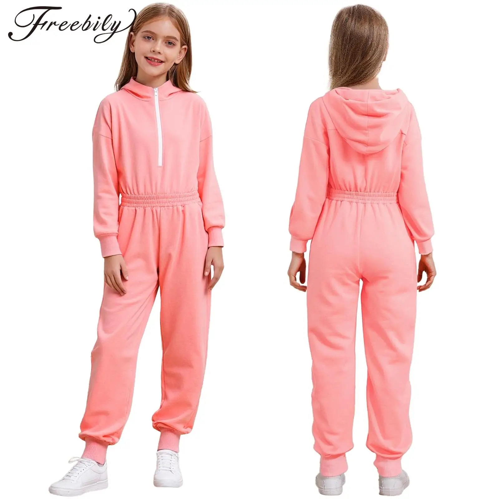 

Girls Casual Hooded Jumpsuit Front Zipper Long Sleeve Elastic Waist Rompers with Pockets for Workout Jazz Hip Hop Street Dance