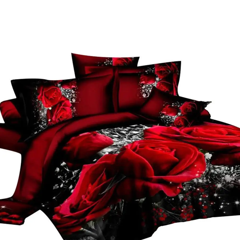 Juego de cama Floral con rosa roja grande 3D, funda de edredón, Sábana, fundas de almohada, juego de cama, 4 piezas