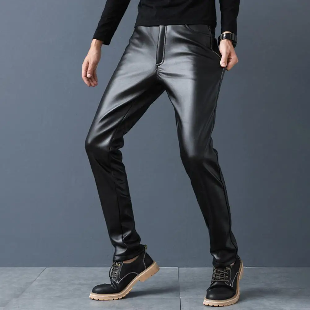 Chic Pockets Smooth Surface Faux Leather Casual Wear-resistant Men Summer Pants Men Motorcycling Pants Keep Trendy