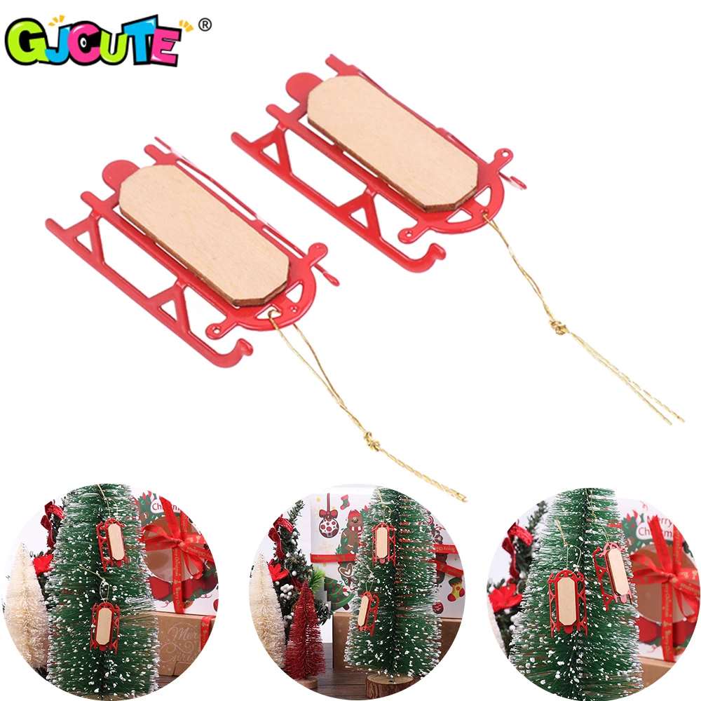 Mini Wooden Sleigh Model Ski Board Miniture Xmas Sled Pendant DIY Christmas Landscape For 1/12 Doll House Decoration Accessories