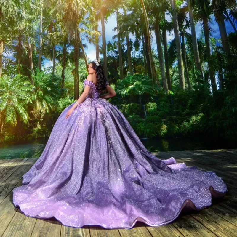 Lorencia-vestido De Quinceañera De lavanda, cuentas brillantes, apliques florales 3D, encaje con capa dulce, 16 Vestidos De 15 Años, YQD558