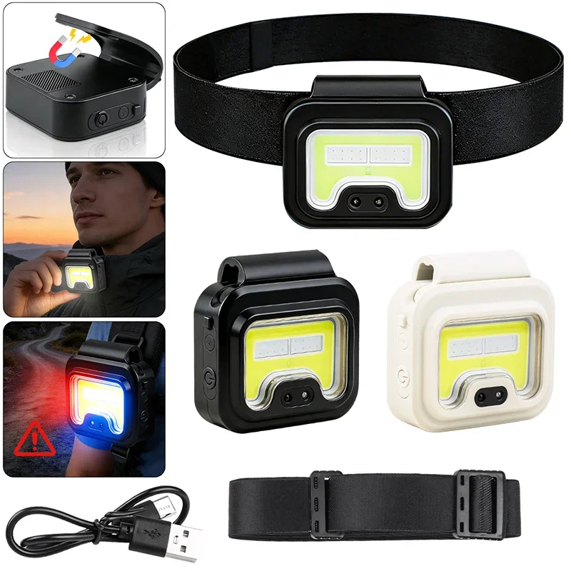 JIASHUAIXIN COB Silicone Strong Magnet Small Headlamp Portable Headband Lamp Mini USB Chargeable Inductive Running Light