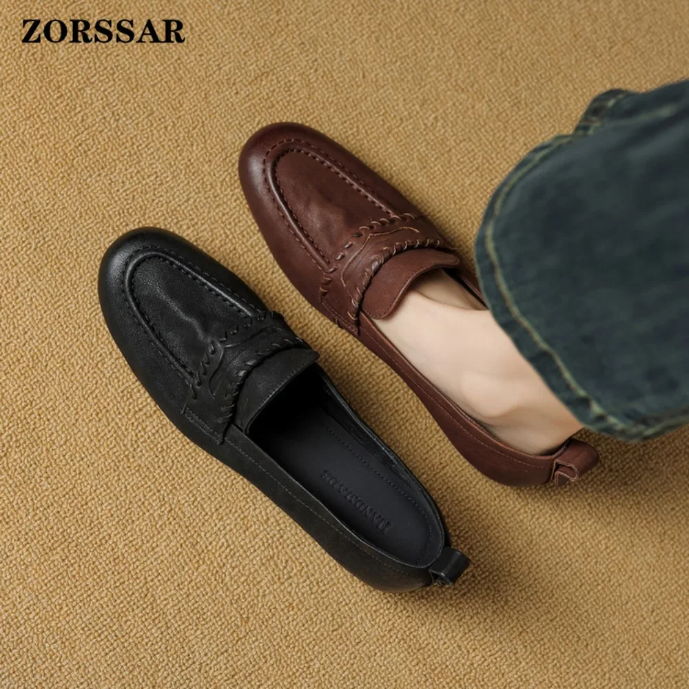 

2026 Spring Autumn Ladies Genuine Leather Falt Shoes Vintage Versatile Loafers British Style Fashion Anti Slip Dress Womens Flat