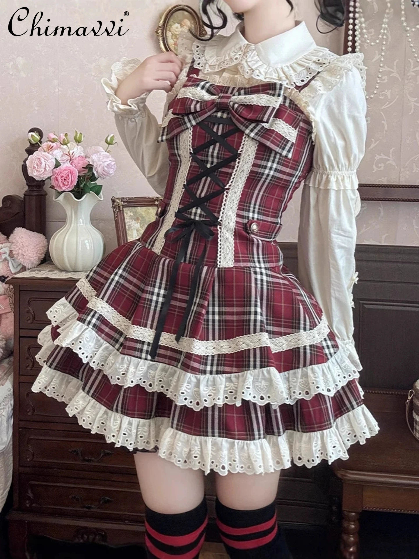 

Original Lolita Daily Cute Sweet Plaid Dress Anime Style Kawaii Bow High Waist Y2k Princess Lolita Dress Spring and Autumn