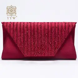 Wine Red Clutch Handbag Colorful Rhinestone Beads Envelope Bag Women Evening Wedding Banquet Shoulder Purse Pleated Satin Bag