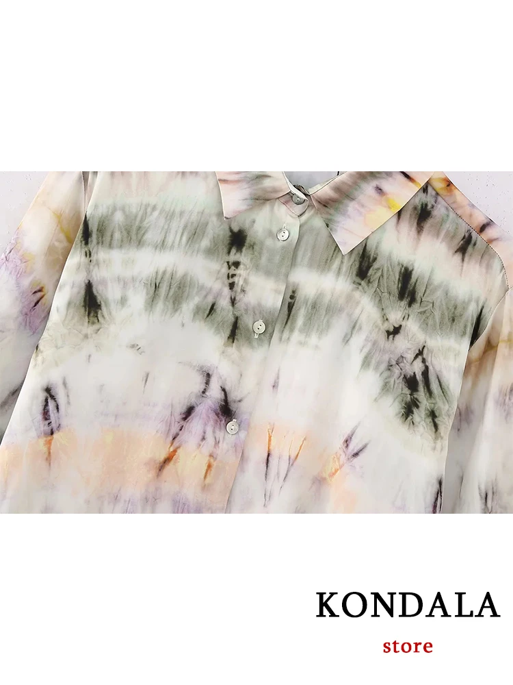 KONDALA Vintage Tie Dye Print garnitury damskie z długim rękawem luźne koszulki + wysoki stan spodnie Flare modne 2023 letnie zestawy Boho