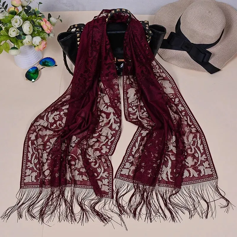 New Design Hot Brand Solid Lace Summer ScarfHollow Embroidered Fringed Mesh Shawl Women Muslim Hijab Shawl Long Soft Wrap