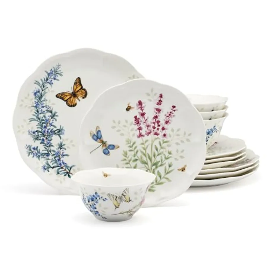 

Набор посуды Butterfly Meadow Herbs из 12 предметов для столовой, керамический, пастельно-зеленый с цветочными узорами, прочный, подходит для микроволновой печи