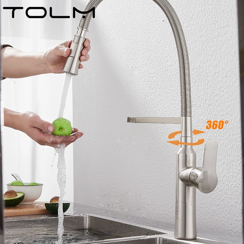 TOLM Brushed Nickel Modern Polished Chrome Brass Kitchen Sink Faucet Pull Out Single Handle Swivel Spout Vessel Sink Mixer Tap