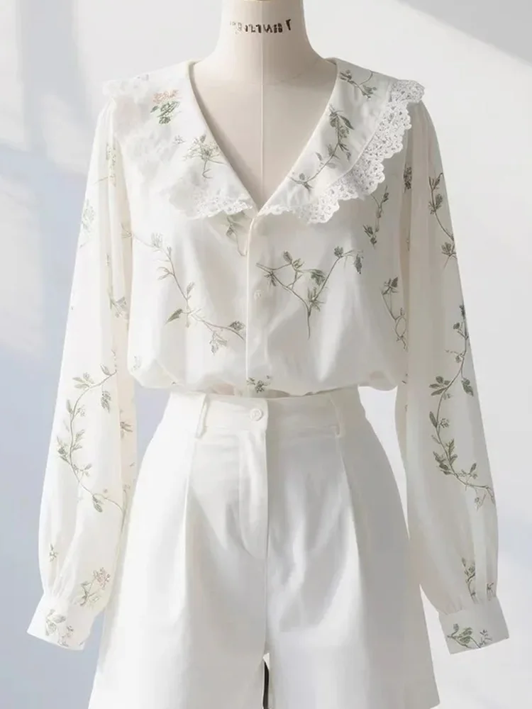 

Женская блузка в стиле ретро с цветочным узором, приталенная, с длинным рукавом, весенняя, во французском винтажном стиле, с кружевными вставками, элегантная, универсальная, модный топ