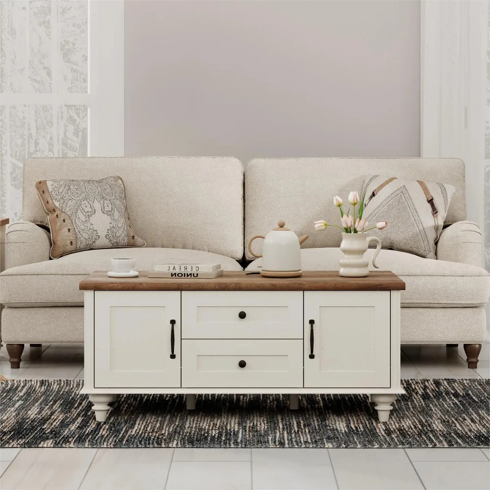 

Storage Coffee Table, White,Rustic Farmhouse Design,Durable and Stable
