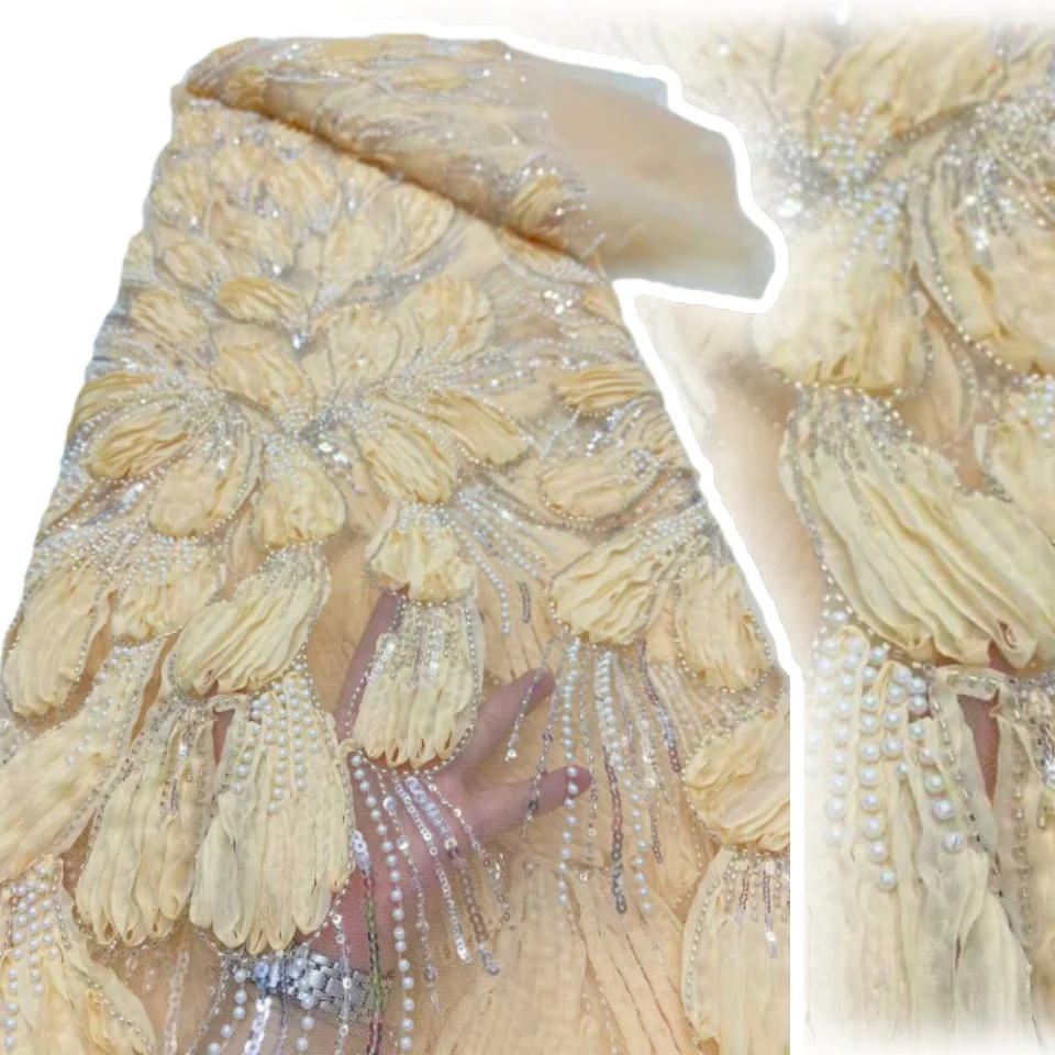 

Африканская 3D вышивка бисером, кружевная ткань 2025, высокое качество, Тюлевая ткань с французскими блестками для шитья праздничного платья CC1746