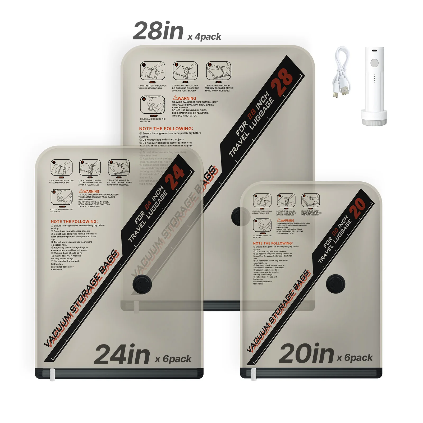 SucceBuy 16/18/26Pcs Vacuum Storage Bags with Pump and Charging Cable Double Zipper Seal Thickened PA and PE for Clothes Storage