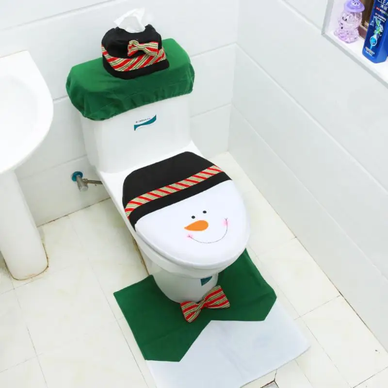 3-Piece Set Christmas Toilet Seat Cover - Santa Claus Snowman Toilet Cover Set - Floor Mat, Tank Lid Cover, Tissue Holder