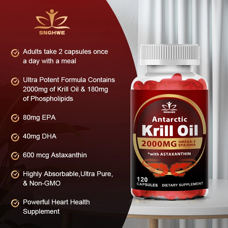 Aceite de Krill de 2000Mg, fosfolípido Omega-3 EPA y DHA, astaxantina para articulaciones, cerebro, inmunidad y dieta de soporte cardíaco